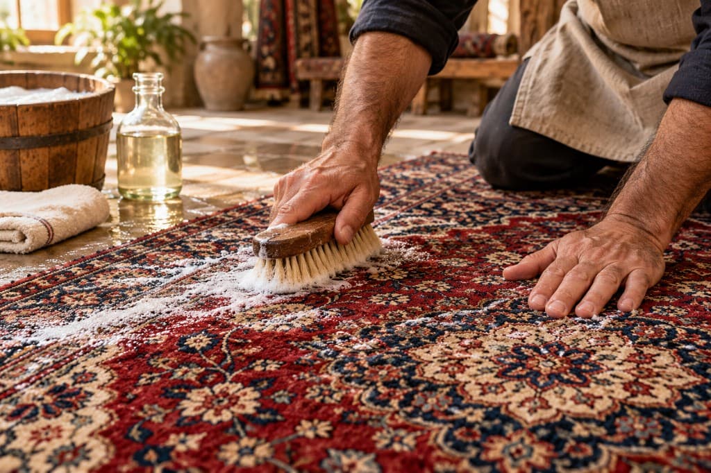 A rug being cleaned by hand with a brush
