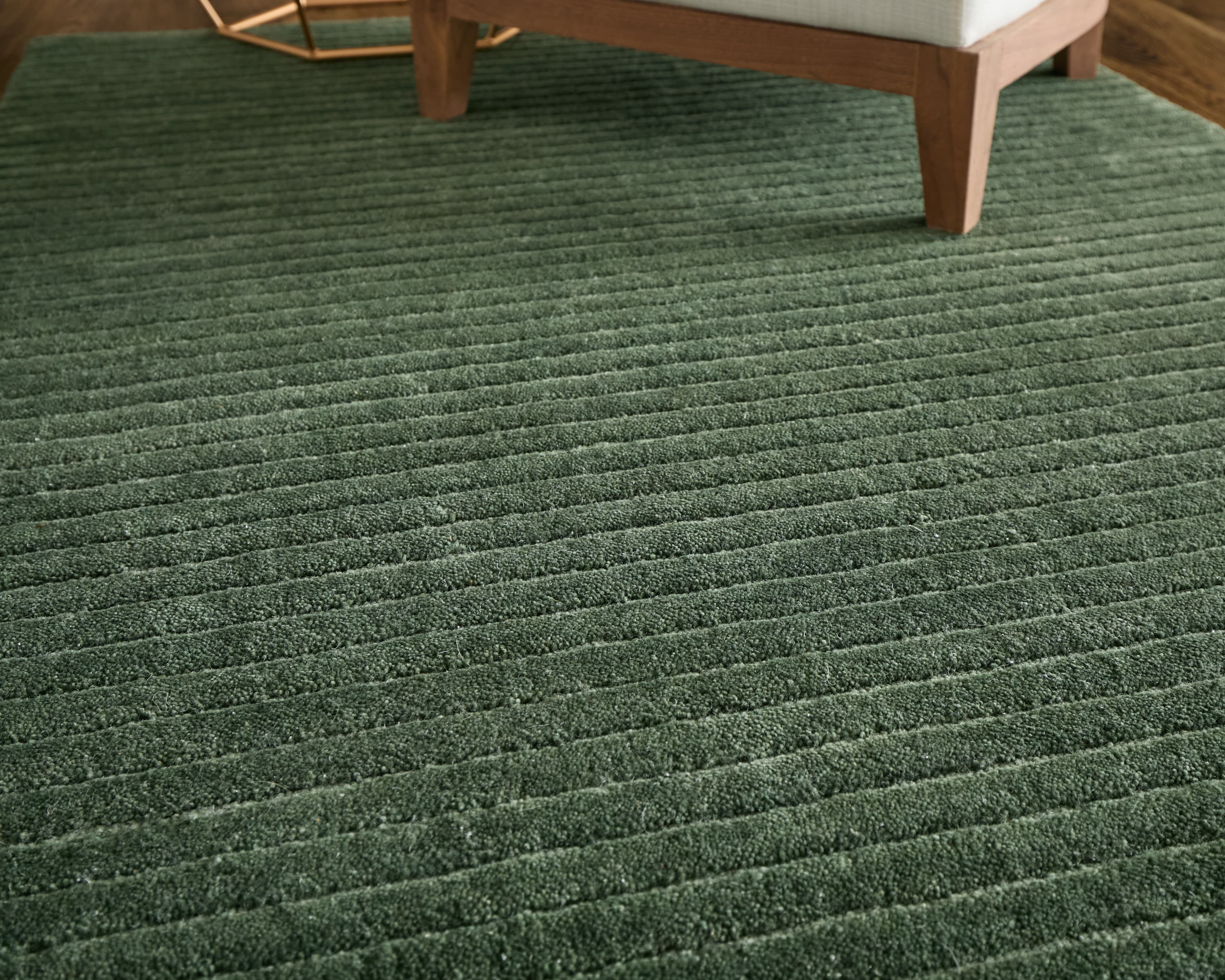Contemporary Green rug styled in a room