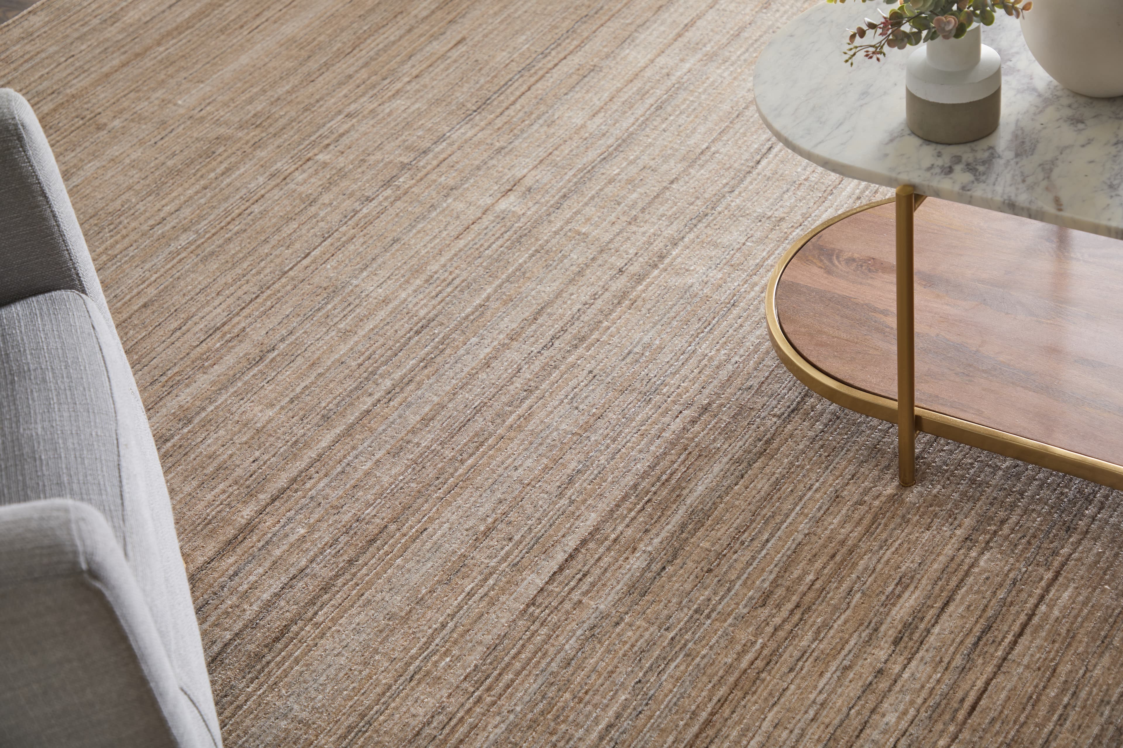 Contemporary Tan/Brown/Gray rug styled in a room