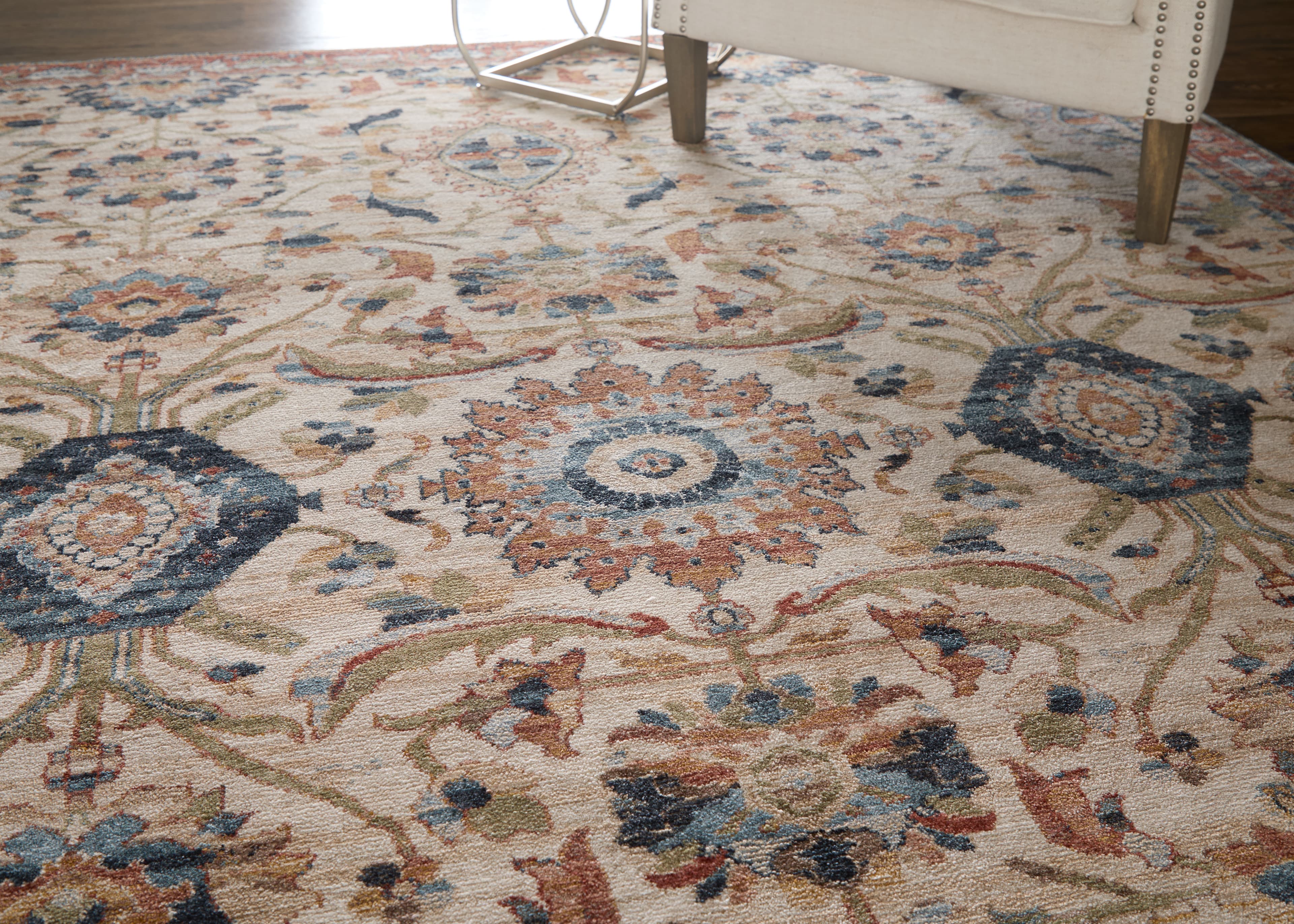 Pearson Ivory/Red/Blue rug styled in a room