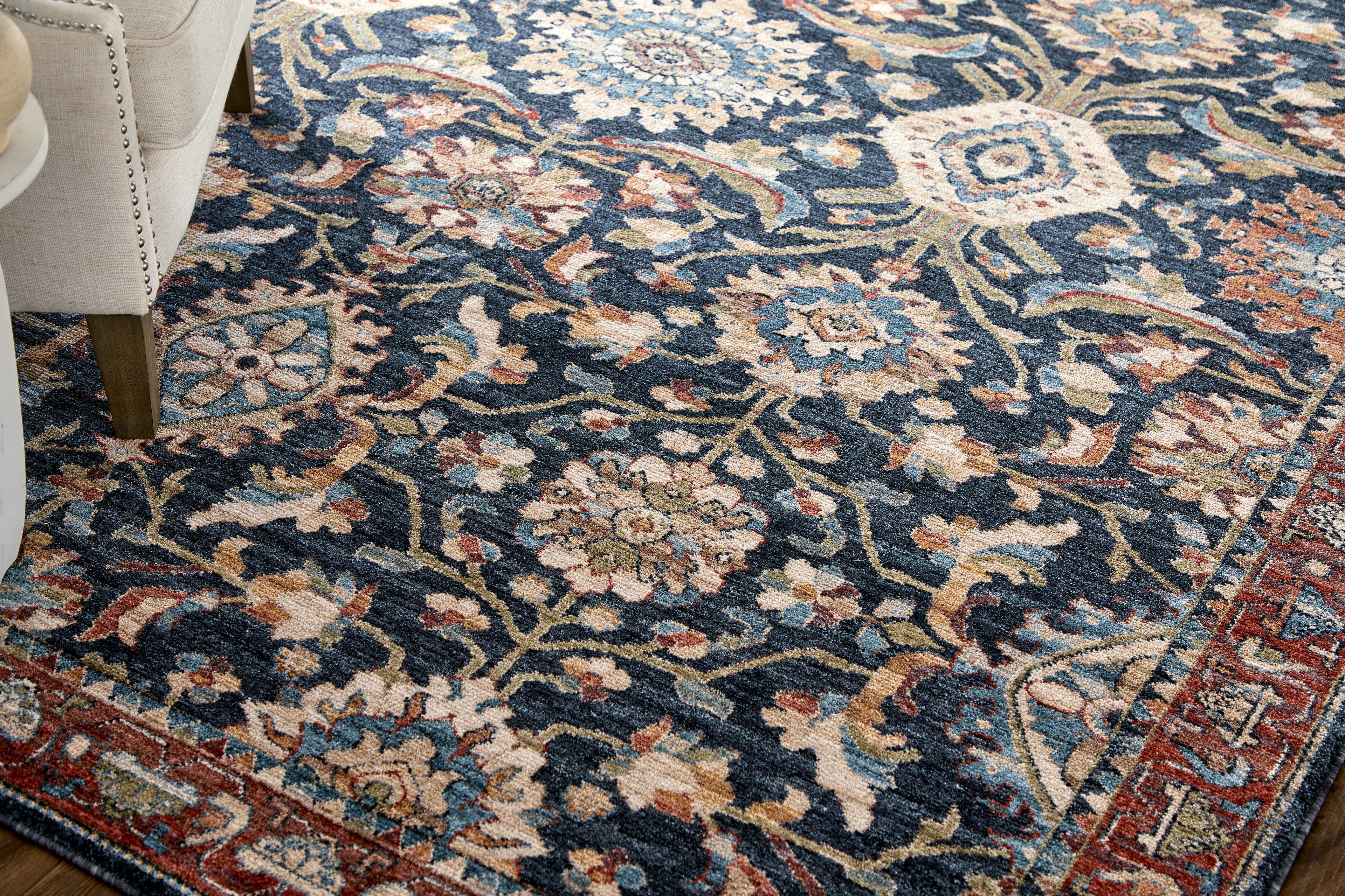 Pearson Blue/Red/Ivory rug styled in a room