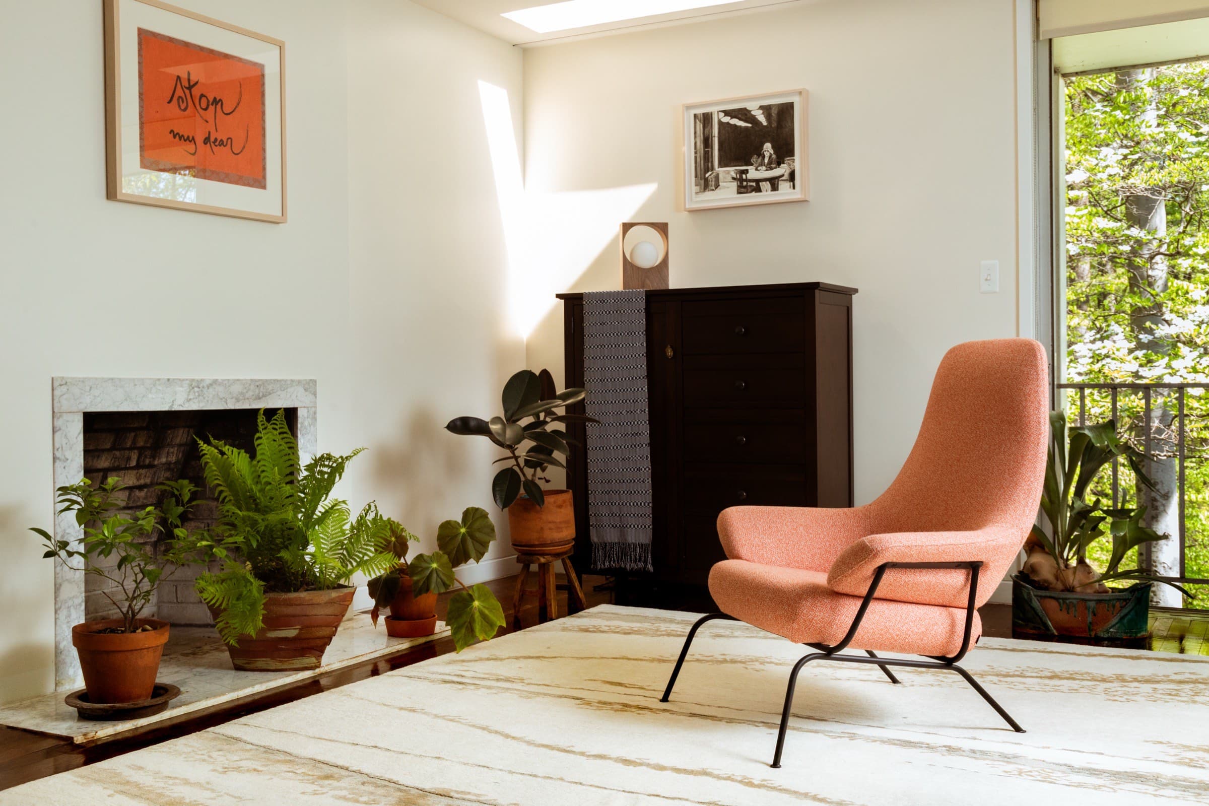 Cream and sand-toned rug in a bright living room with plants